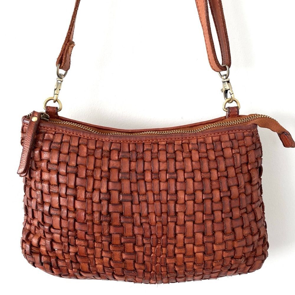 Marta Ponti Brown Leather Woven Crossbody Bag OS Boho Western Cottage Coastal